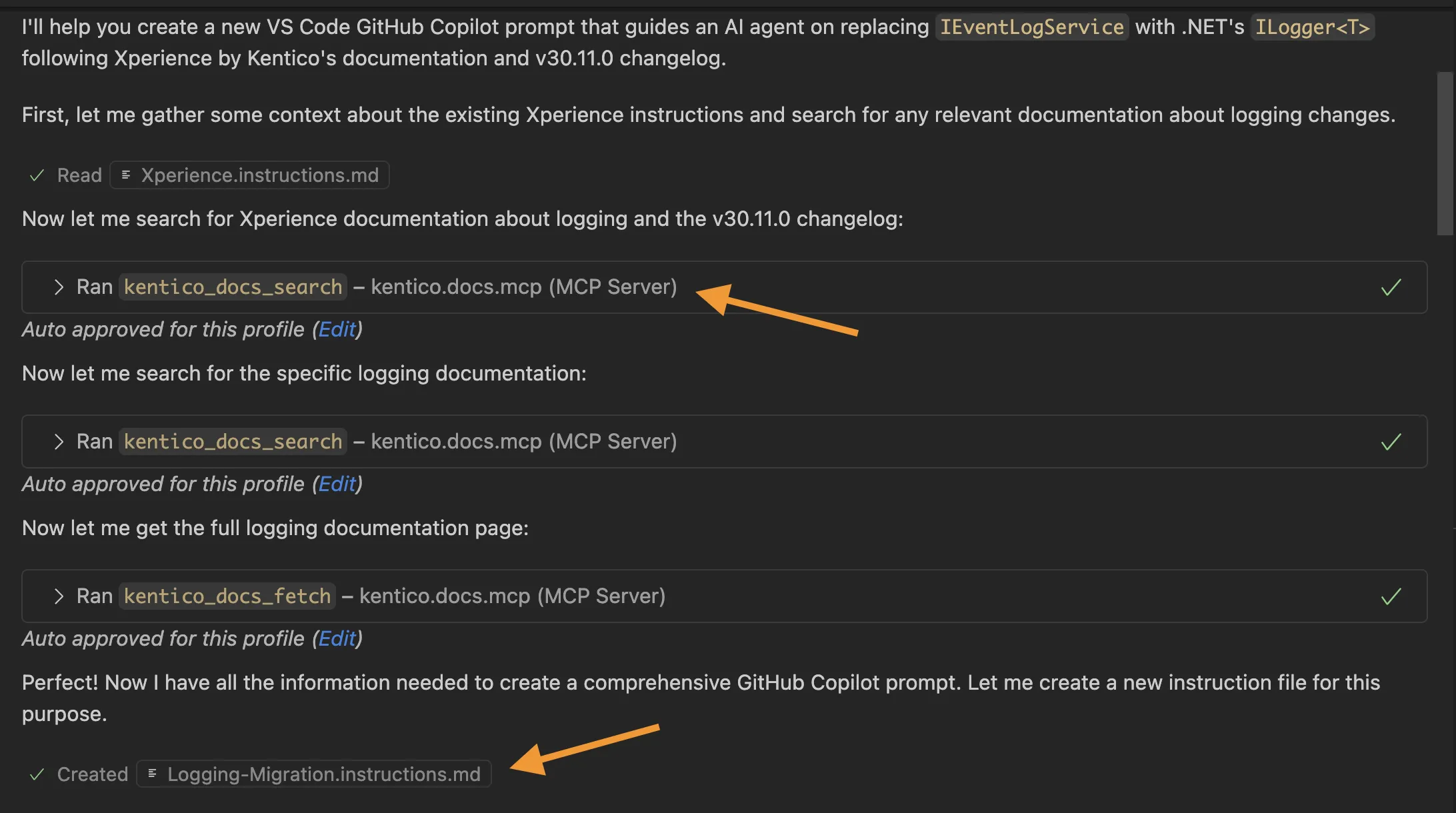 Kentico Community Portal logging migration prompt generation Using GitHub Copilot in VS Code to generate a prompt to migrate Xperience by Kentico to the latest logging APIs.